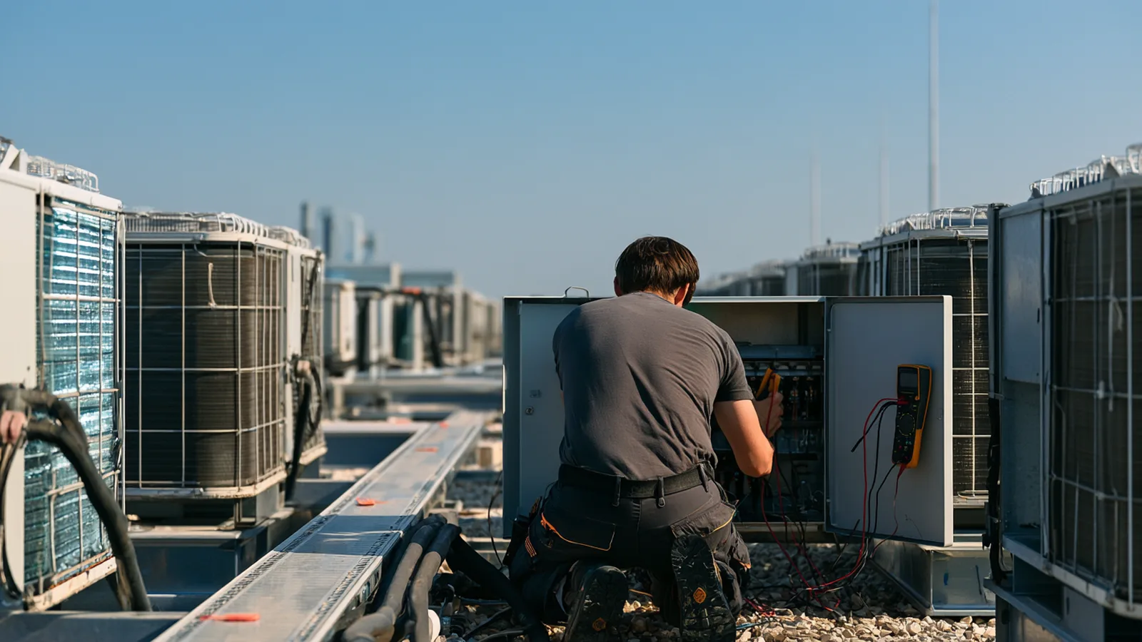 Szerelő térdel egy napsütötte tetőn, kültéri hűtőegységek hosszú sorai között, és mérőműszerrel egy nyitott elektromos szekrényen dolgozik.