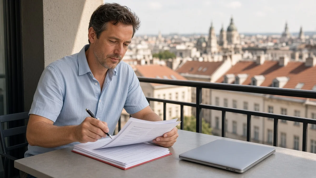 Illusztráció (AI-jal készült): Júliusi reggel egy budapesti iroda erkélyén: egy biztonsági vezető nyomtatott jelentéseket néz át, a határidő utáni hónap visszatekintő hangulatában.