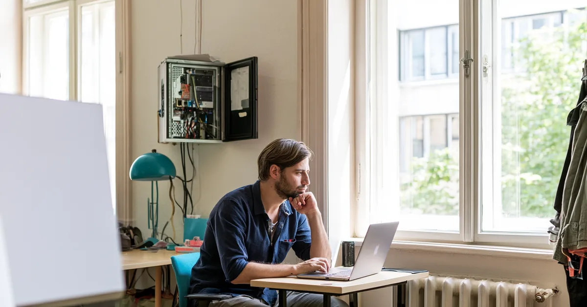 Egy 30 év körüli férfi egy régi budapesti épület világos irodájában, az ablak mellett ülve a laptopját nézi, mögötte a falon egy nyitott ajtós szerverszekrény.