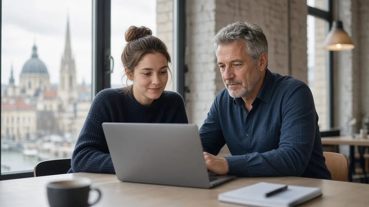 Fiatal fejlesztőnő és egy ősz halántékú mentor közösen néz egy laptopot egy coworking irodában, az ablakon túl budapesti városkép. Illusztráció (MI-vel készült).