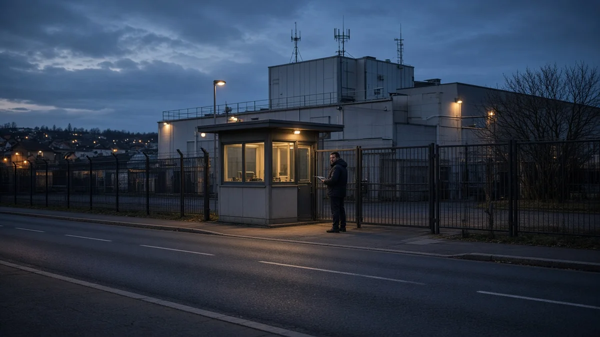 Illusztráció (AI-jal készült): Ipari telephely kerítése és kapuja alkonyatkor, kívülről nézve, a kapuban egy üzemeltető mérnök: a külső kiberfelderítést és a támadási felületet jelképező illusztráció.