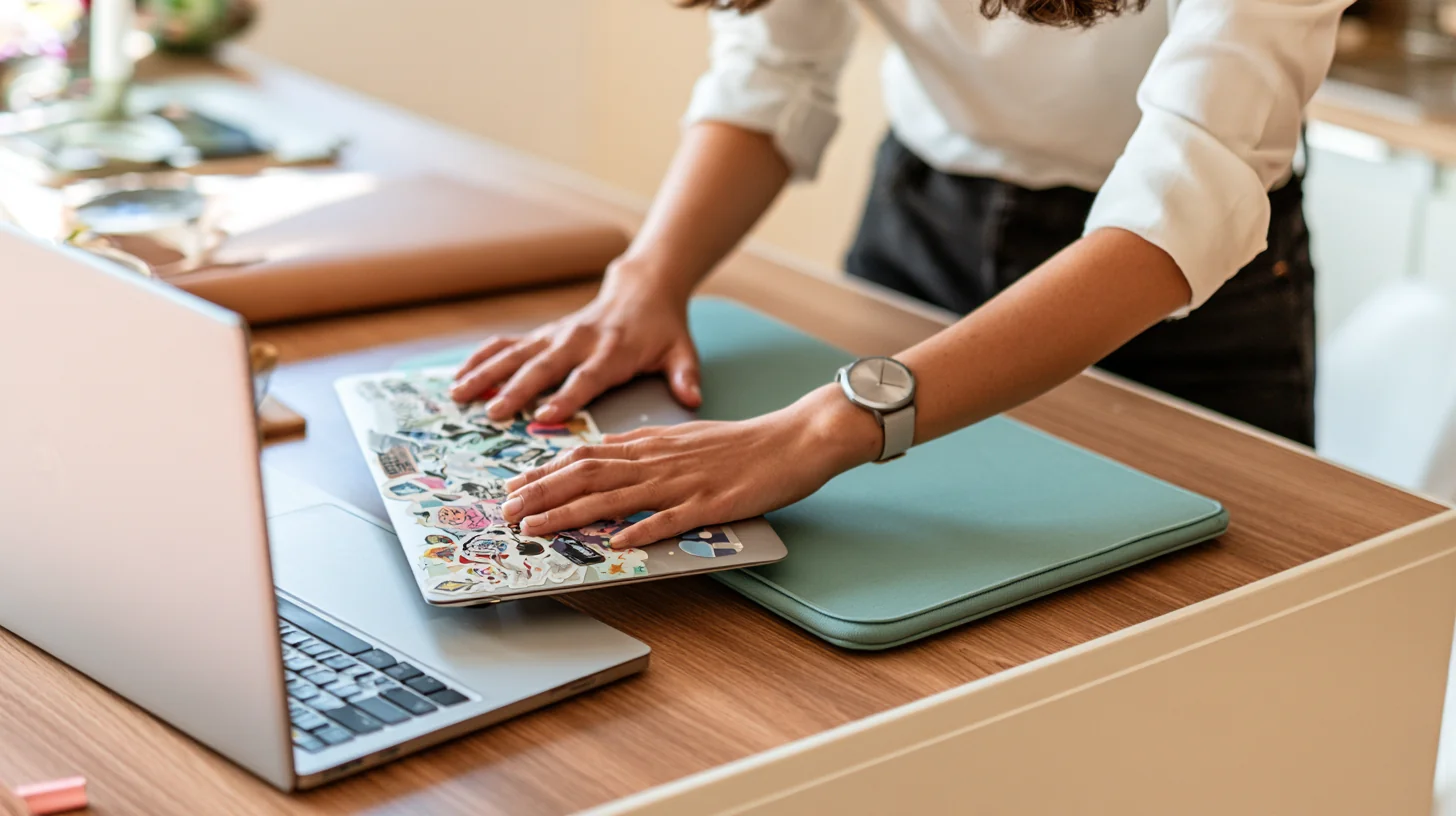 Felülnézet egy sötétkék íróasztalról: nyitott laptop terminálablakkal, mellette kék mappa lánccal és lakattal, egy fehér lap lakat ikonnal, kék fülhallgató, kávéscsésze, szemüveg és kék toll.