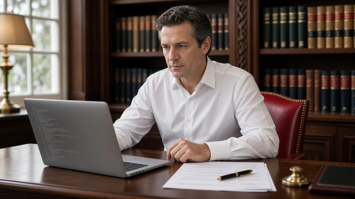 Illusztráció (AI-jal készült): Egy ügyvéd klasszikus irodában, jogi kötetek előtt, laptopja és egy jegyzetelt szerződés között mérlegel: a jog és a programozás találkozását jelképező illusztráció.
